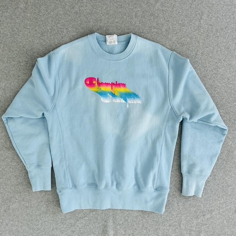 Champion Sweatshirt Mens Medium Blue Reverse‎ Weave Rainbow Pullover Crewneck